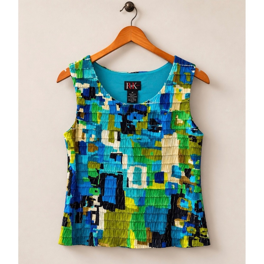 R & K Originals Abstract Textured Sleeveless Top Size 8 Blue Green Career Blouse